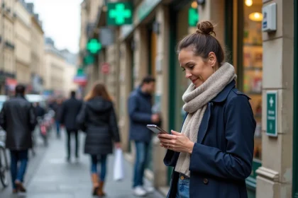 Femme en trench et jeans devant pharmacie à Bordeaux