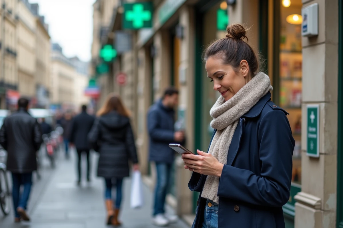 Femme en trench et jeans devant pharmacie à Bordeaux