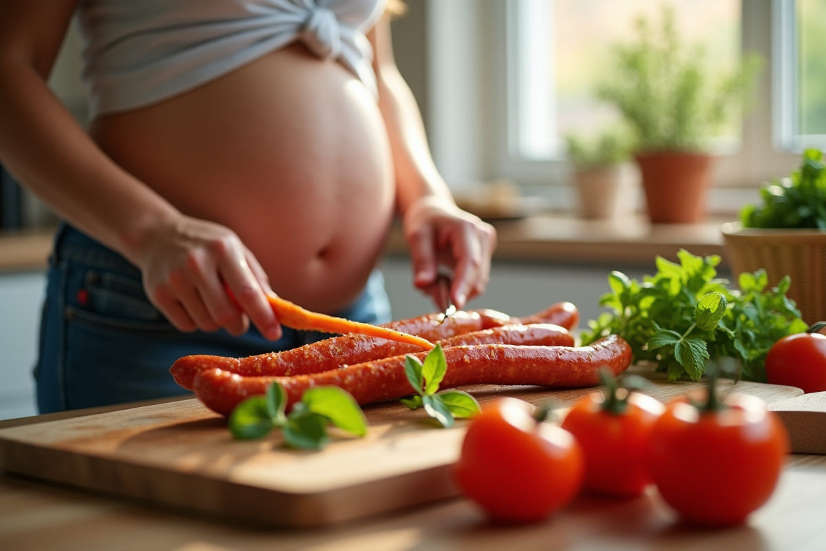 Femme enceinte préparant un repas avec du chorizo dans la cuisine
