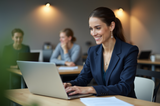 Femme professionnelle en costume dans un bureau moderne