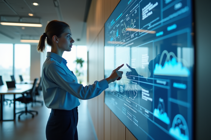 Femme professionnelle devant un mur d'écrans de déploiement cloud