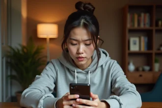 Jeune femme scrutant son smartphone pour trouver des liens Coin Master gratuits fiables