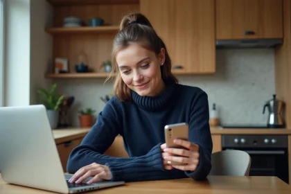 Jeune femme compare codes promo sur smartphone dans la cuisine