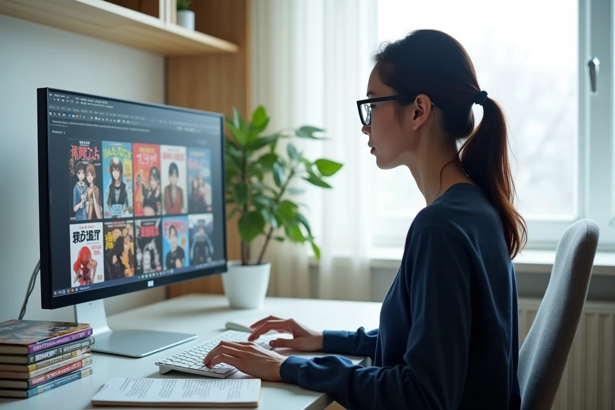 Jeune femme explorant des genres et tags de scan yaoi sur un site de lecture en ligne depuis son bureau