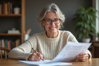 Femme d'une cinquantaine d'années souriant en regardant ses documents
