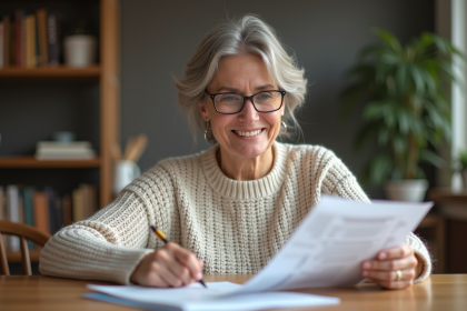 Femme d'une cinquantaine d'années souriant en regardant ses documents