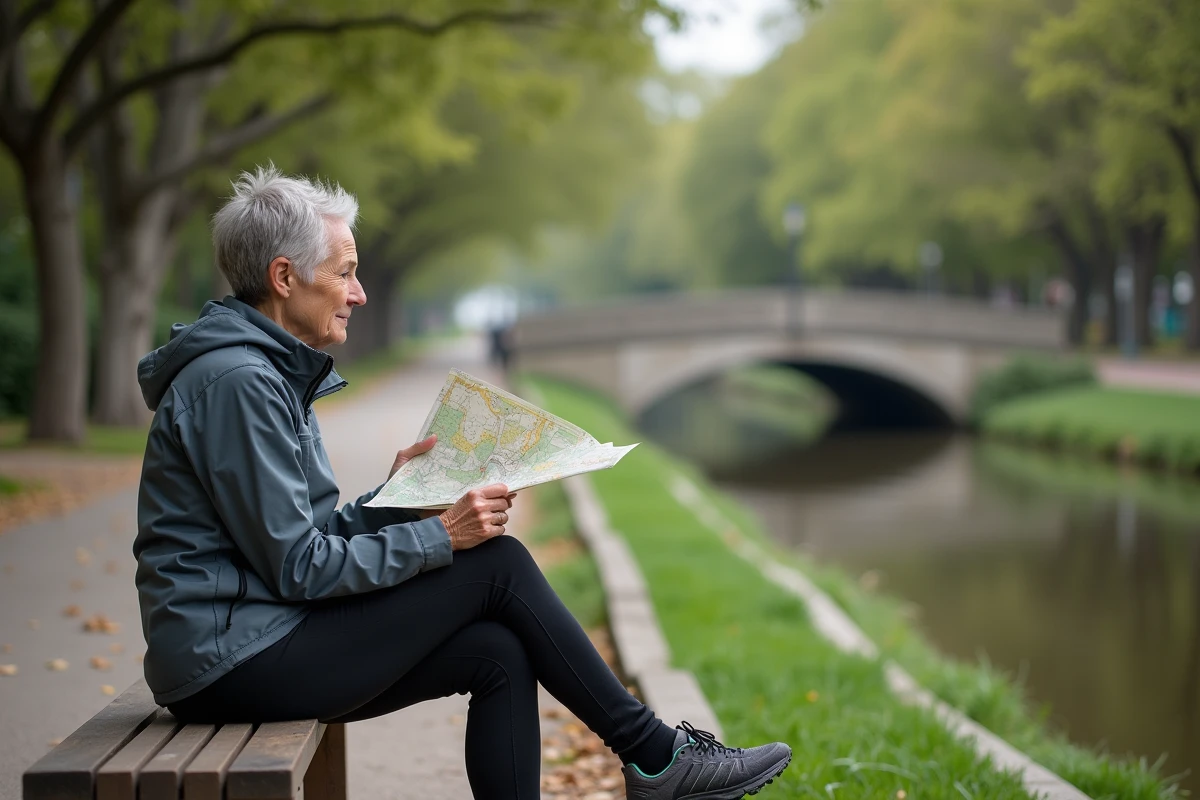 Femme retraitée active consultant une carte sur une voie verte aménagée, critères de mobilité pour choisir sa ville à la retraite