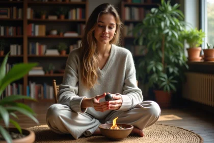 Femme en laine tenant une rune sur un fond cozy