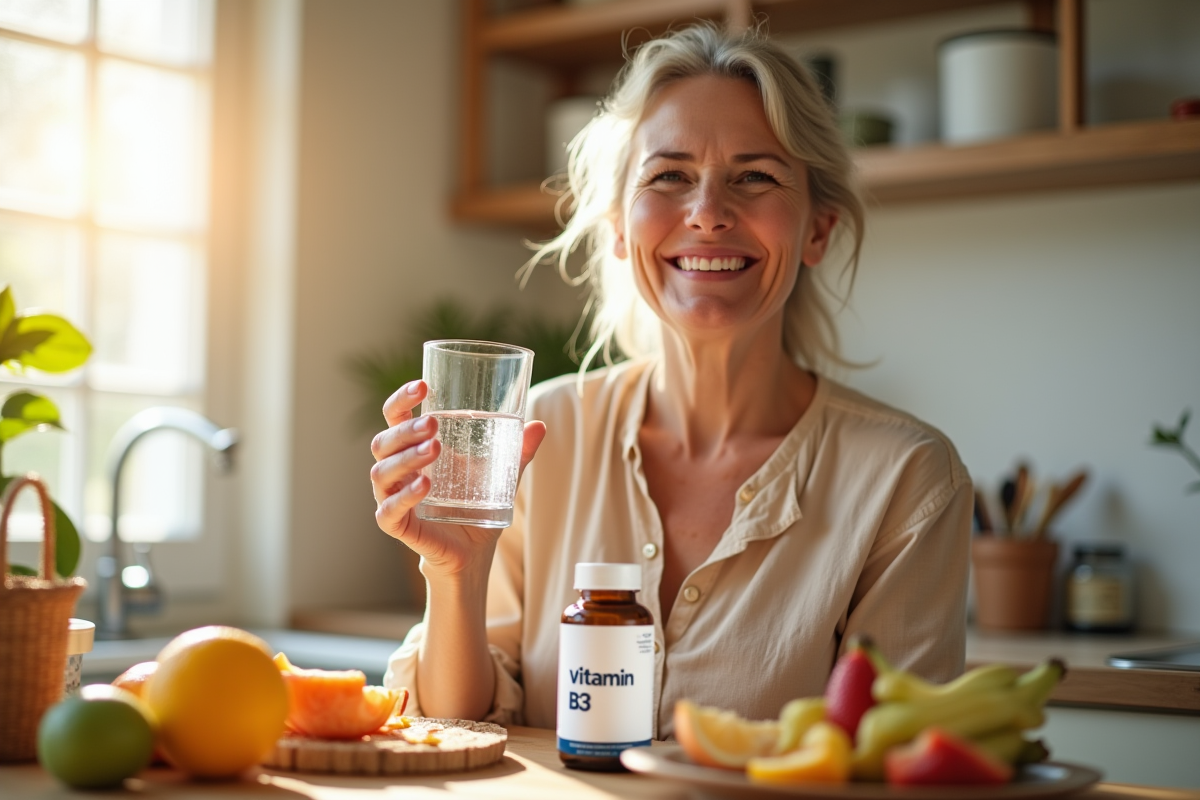 Femme souriante dans la cuisine avec vitamine B3 et fruits