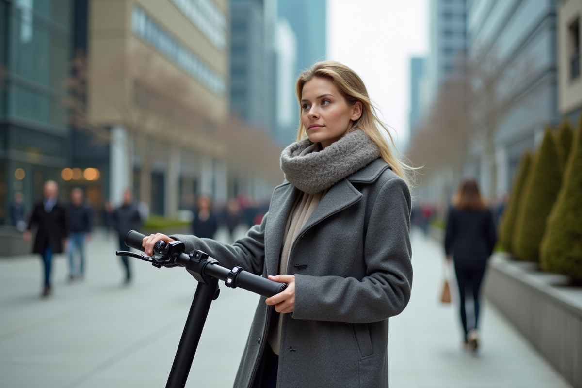 Jeune femme avec scooter électrique dans une ville moderne
