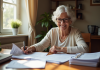 Femme senior souriante organise ses papiers à la maison