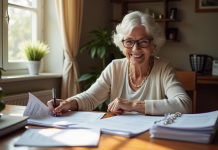 Femme senior souriante organise ses papiers à la maison
