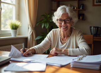 Femme senior souriante organise ses papiers à la maison