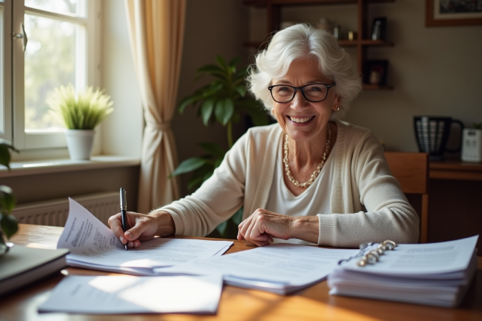 Femme senior souriante organise ses papiers à la maison