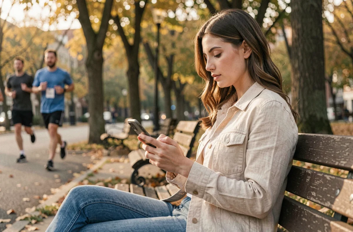 Jeune femme seule dans un parc consultant son téléphone, réfléchissant aux limites des relations amicales en ligne et aux solutions légales disponibles
