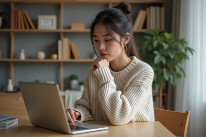 Jeune femme en sweater regardant son ordinateur portable