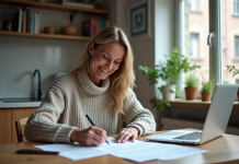 Femme souriante signant des papiers dans la cuisine