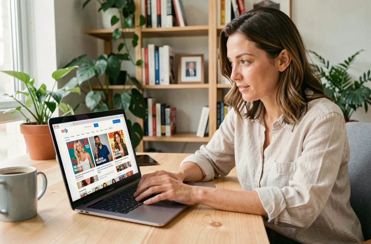Femme consultant un site people classique sur son ordinateur portable dans un bureau moderne