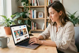 Femme consultant un site people classique sur son ordinateur portable dans un bureau moderne