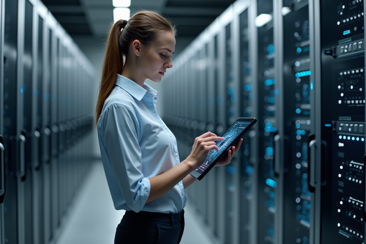 Femme spécialiste IT dans une salle serveurs high-tech