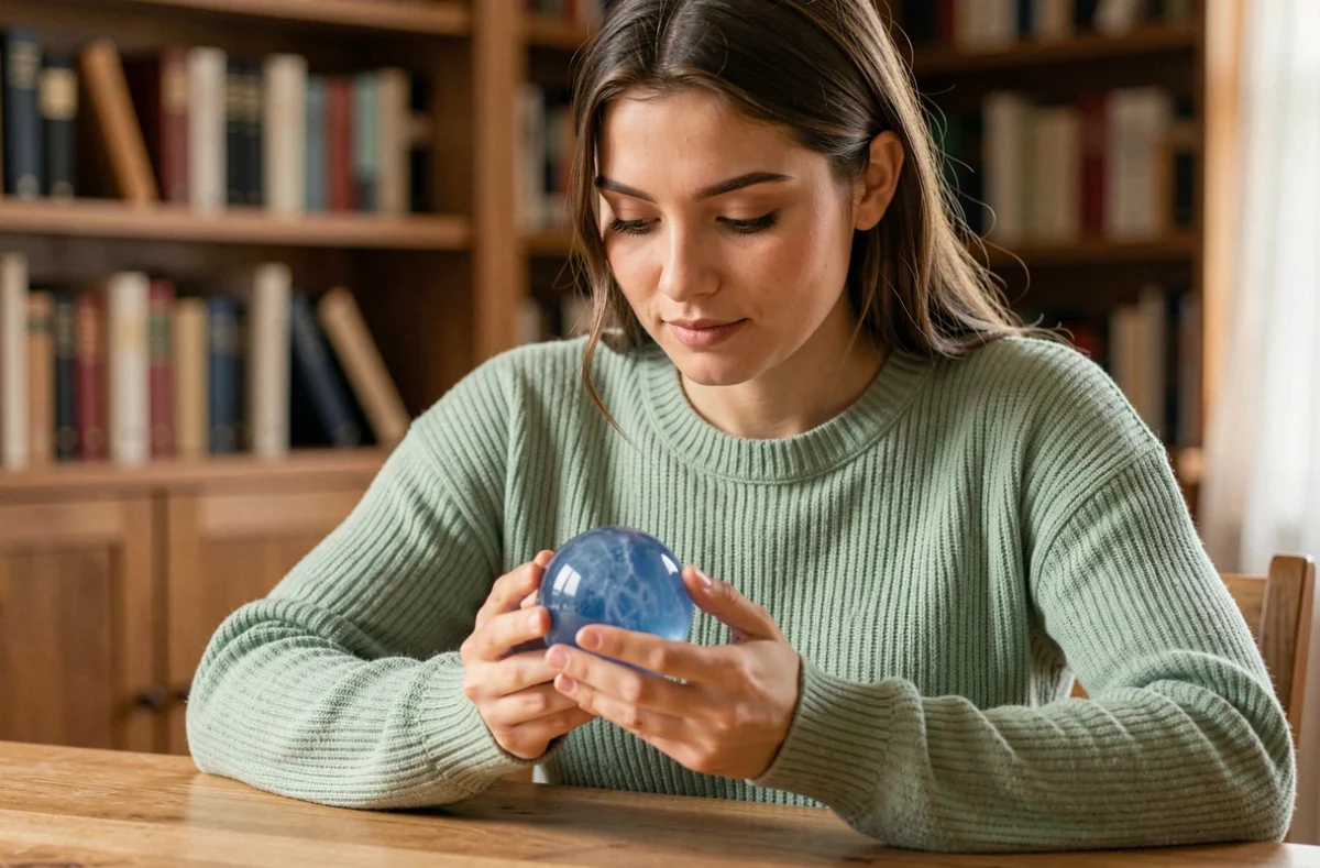 Jeune femme tenant une sphère de calcédoine bleue dans les mains, portrait trois quarts dans un intérieur boisé chaleureux