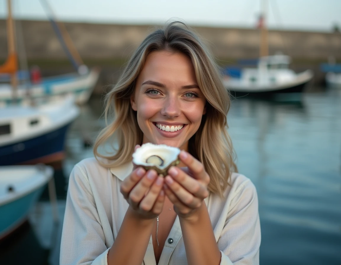 Jeune femme surprise découvrant une perle dans une huître ouverte devant un étal de fruits de mer au port