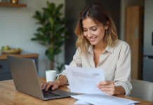 Jeune femme travaillant à la maison avec un ordinateur portable