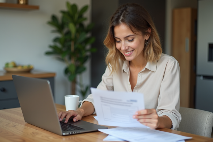 Jeune femme travaillant à la maison avec un ordinateur portable