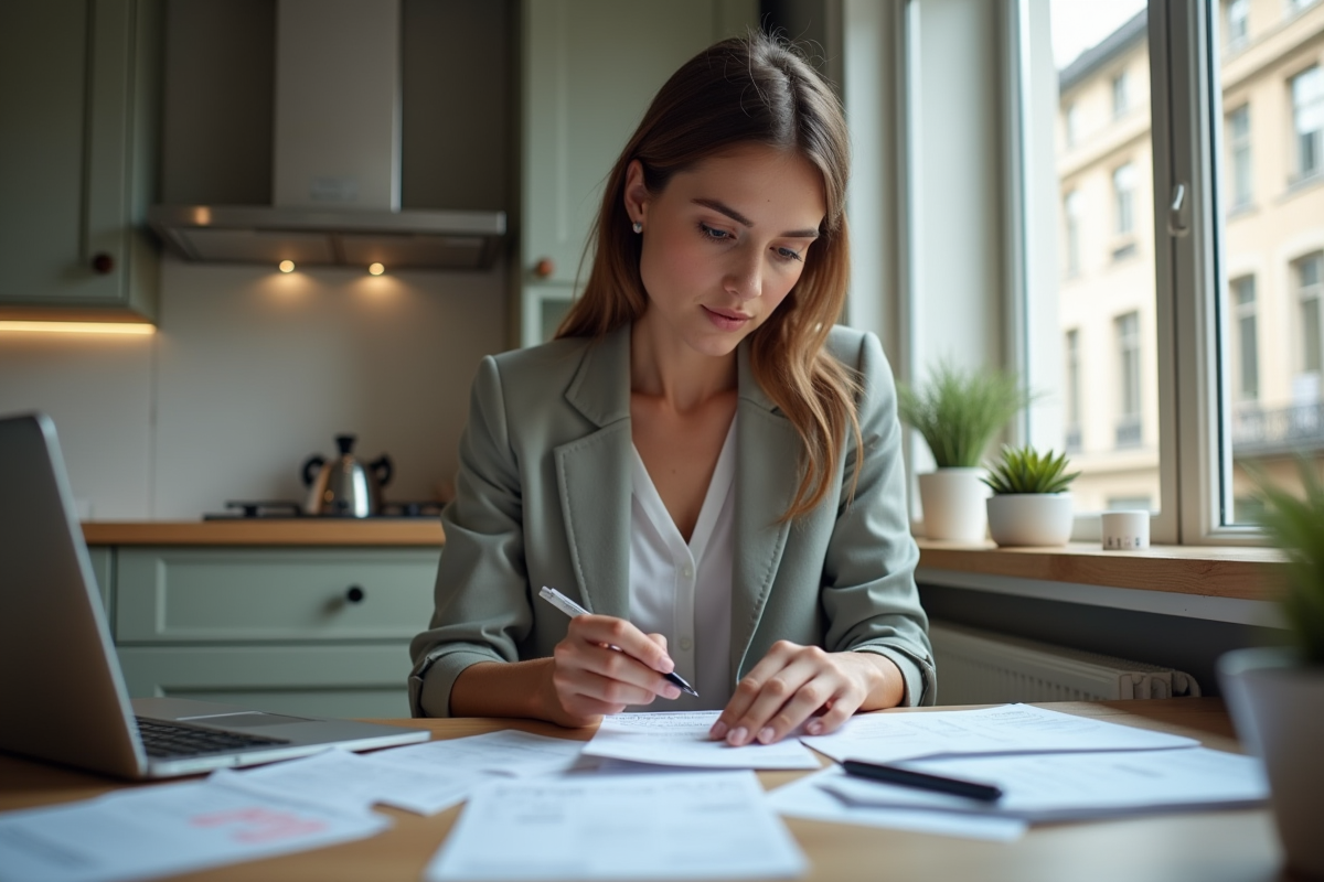 Jeune femme triant des factures dans une cuisine moderne parisienne