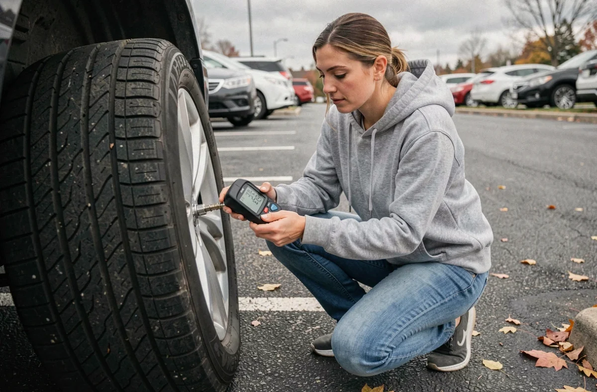 Femme vérifiant la pression d'un pneu avec un manomètre numérique dans un parking, affichage psi et bar