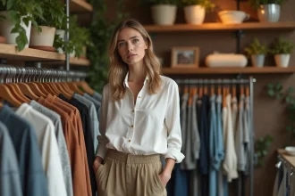 Femme triant des vêtements de seconde main dans une boutique écologique