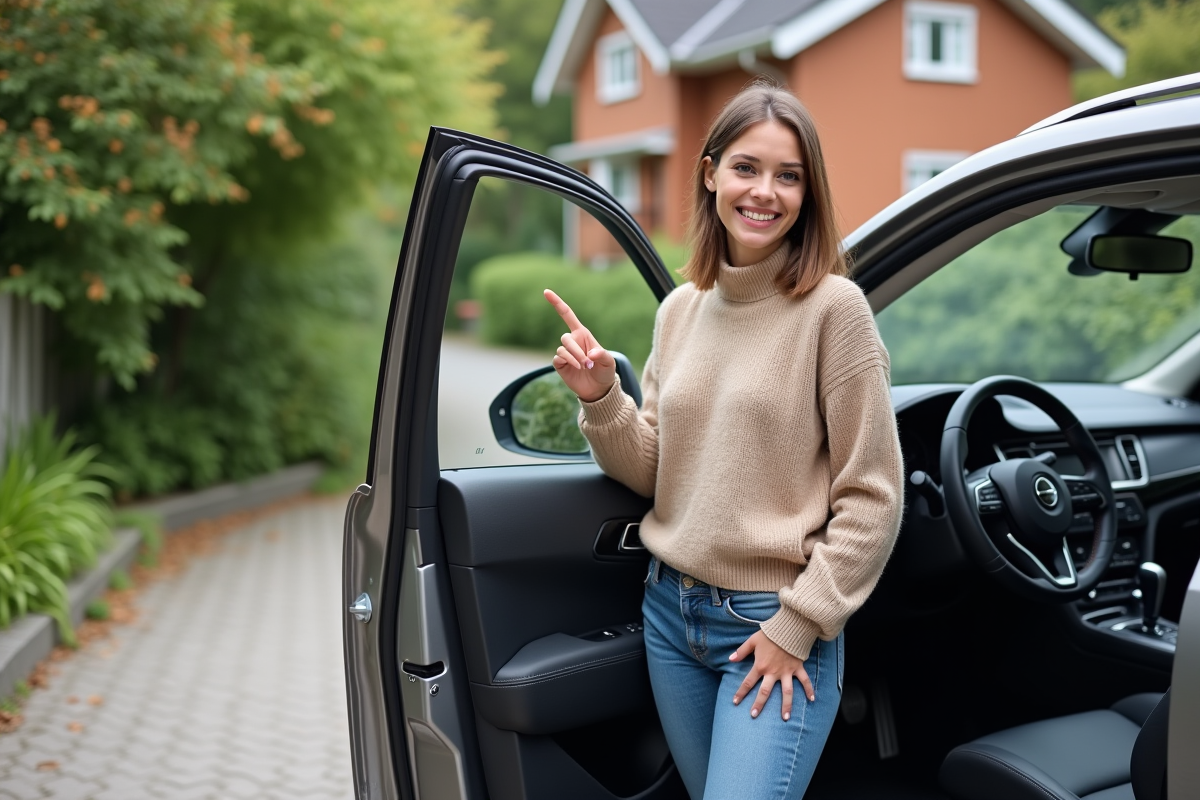 Jeune femme montrant le levier de vitesse à côté de la voiture
