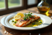 Filet de seiche grillé sur une assiette blanche avec herbes et citron