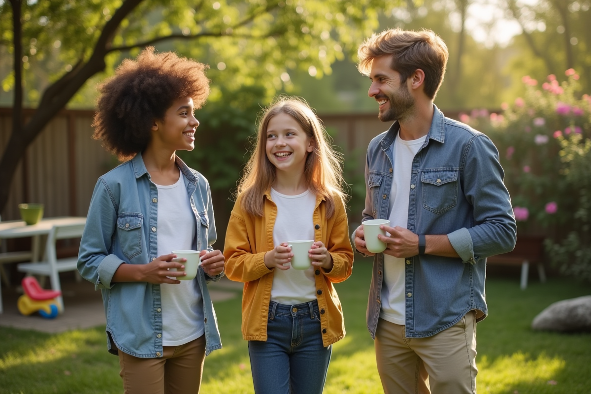 Trois freres discutant dans un jardin fleuri