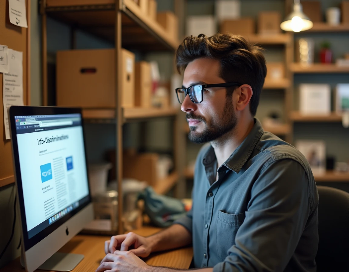 Gérant d'une petite entreprise consultant le site infos-discriminations.fr pour se mettre en conformité