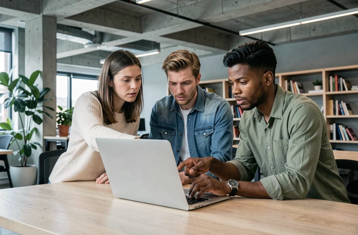 Groupe d'adultes en réunion autour d'un ordinateur portable dans un espace de coworking, discutant de contenu en ligne et de solutions légales face aux plateformes non censurées