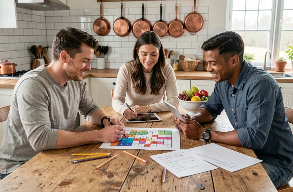 Groupe d'adultes collaborant sur une stratégie de jeu Wordle autour d'une table de cuisine conviviale