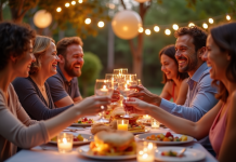 Groupe d'adultes riant et trinquant lors d'un anniversaire en plein air