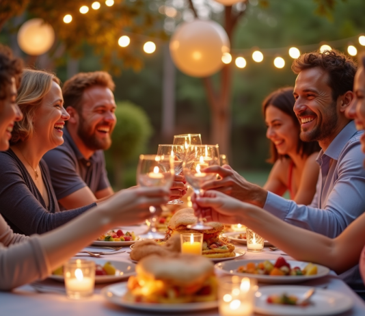 Groupe d'adultes riant et trinquant lors d'un anniversaire en plein air