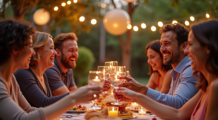 Groupe d'adultes riant et trinquant lors d'un anniversaire en plein air