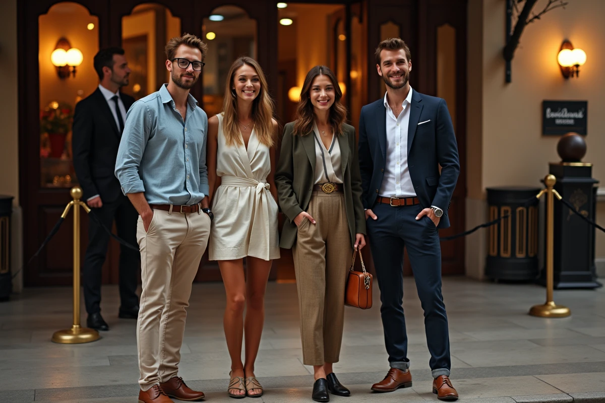 Groupe d'amis en tenue appropriée devant une discothèque à Perpignan, illustration du dress code requis pour accéder à la boîte de nuit