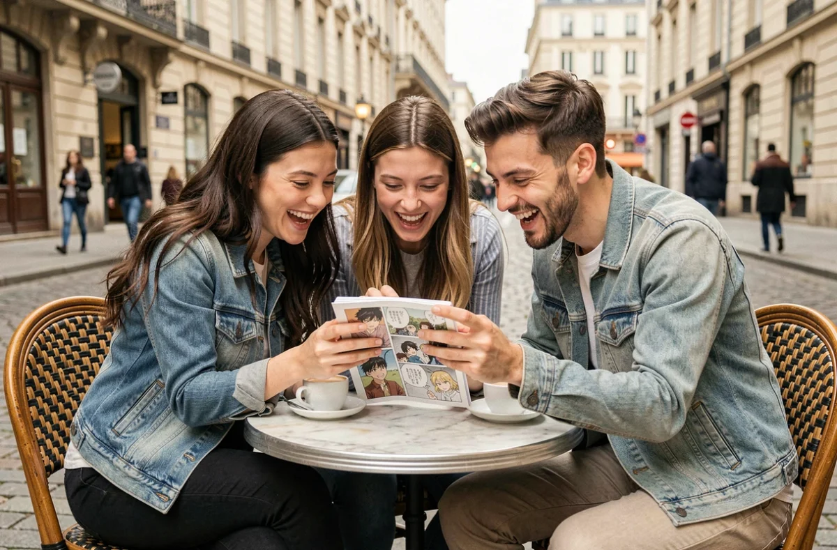 Groupe d'amis français partageant des scans de manga sur smartphone en terrasse de café à Lyon