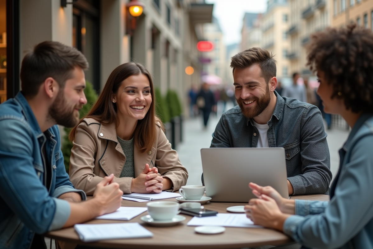 Groupe de jeunes professionnels en brainstorming en extérieur