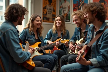 Groupe de jeunes musiciens en répétition dans un studio
