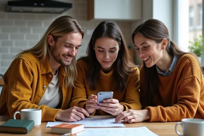 Groupe de trois adultes résolvant un jeu de mots à la cuisine