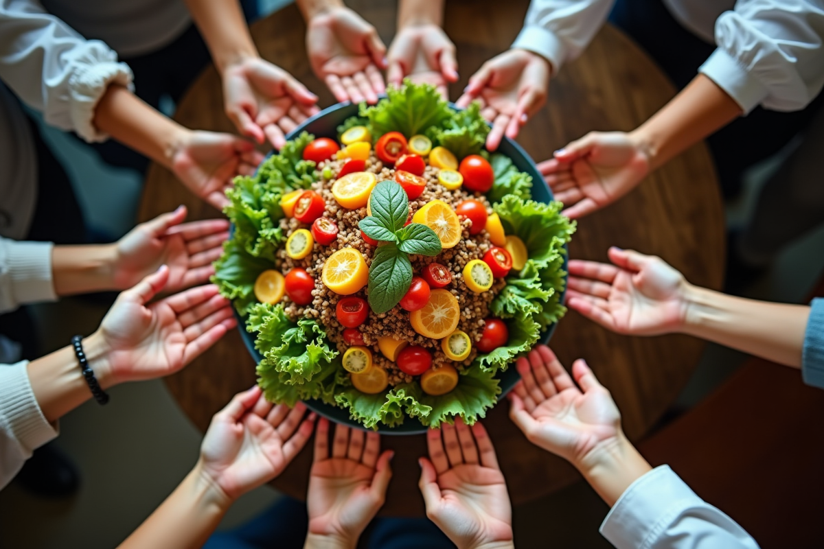 Groupe de mains partageant une salade colorée aux légumes en L
