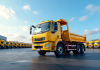 Camion grue jaune neuf dans un concessionnaire en journée