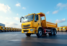 Camion grue jaune neuf dans un concessionnaire en journée