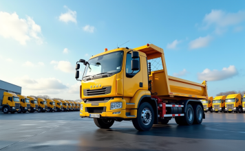 Camion-grappin d’occasion : les meilleures offres en 2025 Camion grue jaune neuf dans un concessionnaire en journée