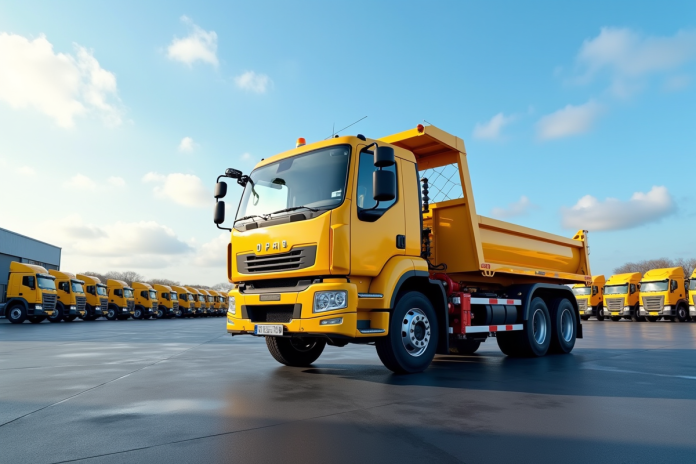 Camion grue jaune neuf dans un concessionnaire en journée